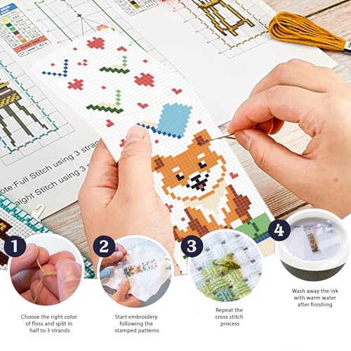 FREEBLOSS 6 Set 11CT Cross Stitch Bookmarks Kit Puppy&Books Stamped Cross Stitch Kit DIY Embroidery Bookmark Set with Instruction for Adults Beginners Gift for Reading Enthusiasts 20x6cm/8x2.4inch - style: Dogs&Books