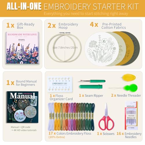 ETSPIL Embroidery Kit for Beginners, 2 Hoops, 4K Video, 4 Floral Patterns - color: flower A4