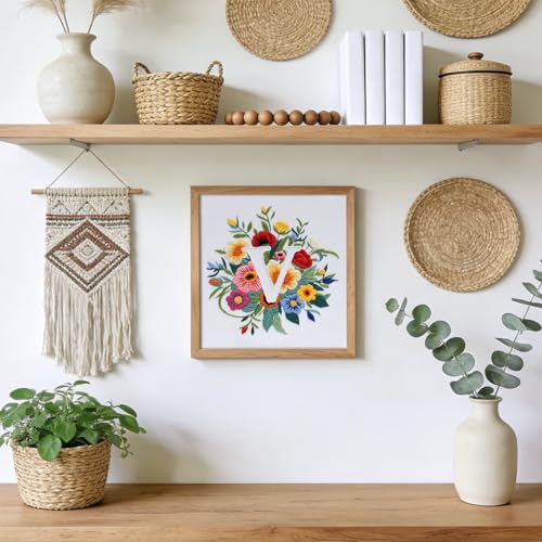 Zerzsy 7.87 '' Embroidery Kits Plant Flower Leaf English Letter Patterns for Beginners Adults, Easy to Learn Cross Stitch Kit for Home Office Decor - color: Letter V