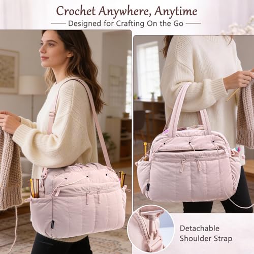 MYBAGZING Large Crochet Bag Organizer w/Crochet Hook Case & Yarn Grommets - color: Pink