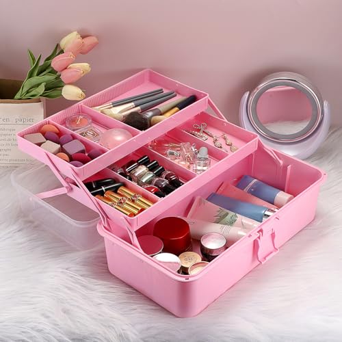 Tackle Box, 16-Inch Extra Large Art Storage Box with 3-Layer Folding Trays - color: Pink