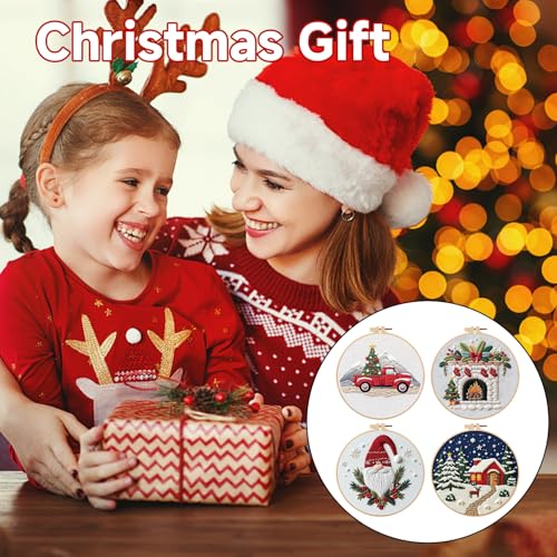 BBLYBD Christmas Embroidery Kit, 4 Set Embroidery DIY Starter Kit, Cross Stitch Kits with Pre-Printed Embroidery Fabric, Hoops, Step-by-Step Instructions, Color Threads & Needles (Christmas-4 Set) - color: Christmas-4 Set