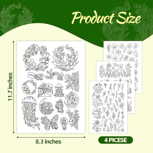 4 Sheets Stick & Stitch Water Soluble Embroidery Paper — Pre-Printed Floral Transfer Patterns, Wash-Away Stabilizer for Hand Embroidery, Beginners, Sewing & Fabric Crafts