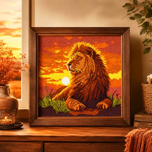 Zhenqing Majestic Lion Stamped Cross Stitch Kit for Beginners, 11CT Printed Full Coverage Sunset Wildlife Animal Pattern, 38 x 38 cm DIY Embroidery Needlework Set, No Hoop Needed - color: Majestic Lion