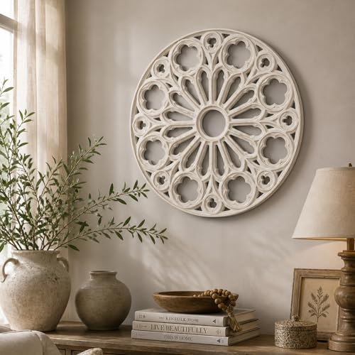 XIAOAIKA Round Hand-Carved Wood Wall Art, Floral Geometric Design, 24 Inch - color: White