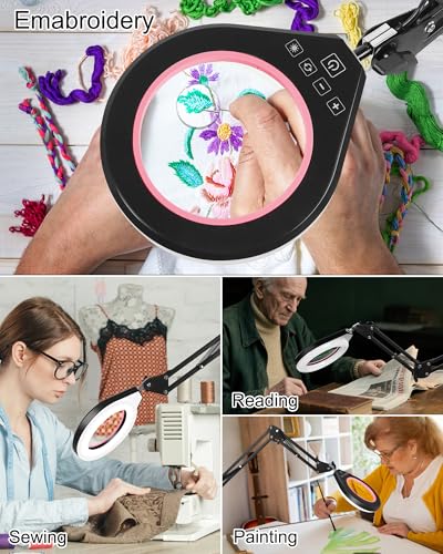 10X & 5X Magnifying Glass with Light, Real Glass Lens, Long Swing Arm, Pink - color: Pink
