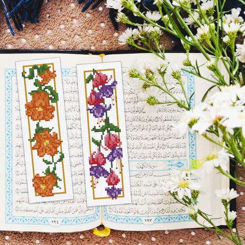 BEUNITONE 6 Pcs Flower Cross Stitch Bookmarks Kit for Adults Beginner DIY Stamped Embroidery Bookmark Kit with Instructions Cute Stamped Embroidery Bookmark for Book Lovers Handmade Gift 8''x2.4'' - style: Falling Flowers