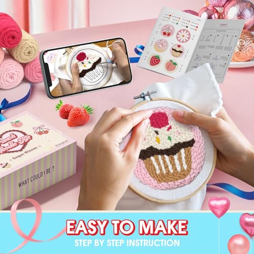 yuegool 6PCS Punch Needle Coaster Kit,Easy DIY Embroidery Set for Beginners, Kids & Adults with Patterns, Tools, Yarns, Hoop, Instructions & Coaster Holder - color: sugar bloom, size: 4-inch diameter