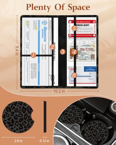 Slohif Car Registration and Insurance Holder with 2 Car Coasters, Elegant - color: Black Leopard