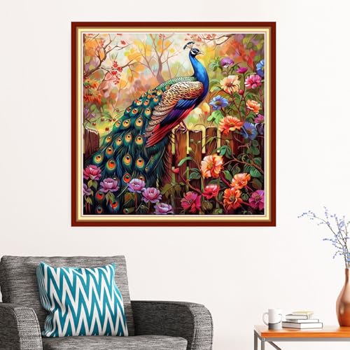 Redxing Stamped Cross Stitch Kits - Beach Night Landscape Counted Cross Stitch Kits for Beginners Adults Needlepoint Cross-Stitch Patterns-Peacock Flower 18x18 inchs - color: ArtsKit06