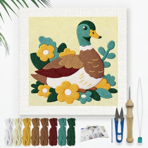 Doodlream Mallard Duck Needle Kit for Beginner, 9.4"x 9.4" Spring Garden Punch Stitching Craft Set, DIY Embroidery Starter with Printed Frame, Instruction, Threader, Yarn, Pinch Needle - color: Duck