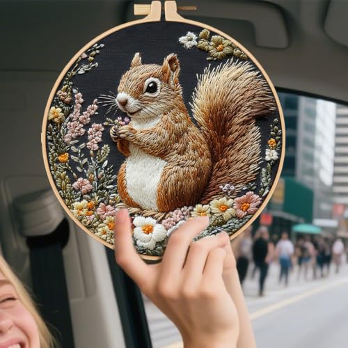 FONNUY Funny Squirrel Floral Embroidery Kit, Cross Stitch Kits for Beginners, Handmade Crafts with Printed Patterns for Beginner Adults, Color Thread Needlework, 8'' Hoop (Smart) - color: Smart