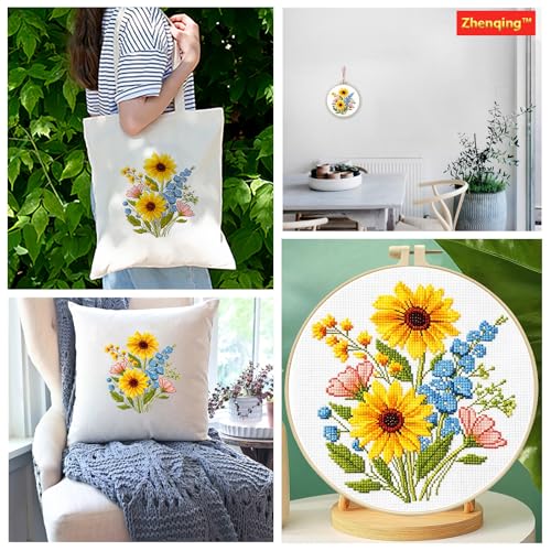 Zhenqing Sunflower Bouquet Cross Stitch Kit for Beginners - Complete Set with Pre-Printed 11CT 24x24cm Fabric, Hoop & Threads(65637) - color: 65637