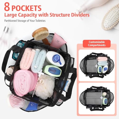 Mesh Shower Caddy Portable with Dividers - 2-Handle Shower Bag for Dorm - color: Black with Dividers, size: L (Classic Dorm Caddy)