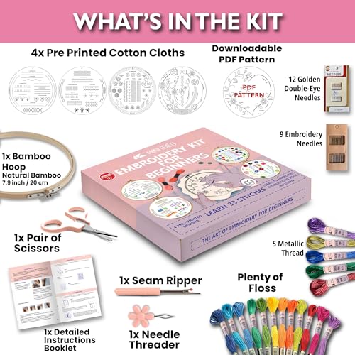 Moni Crafts Embroidery Kit for Beginners – DIY Hand Embroidery Set for Adults with 4 Stamped Patterns, Hoop, Threads, Needles and Step-by-Step Stitch Guide to Learn 33 Stitches - color: Beginners - Practice