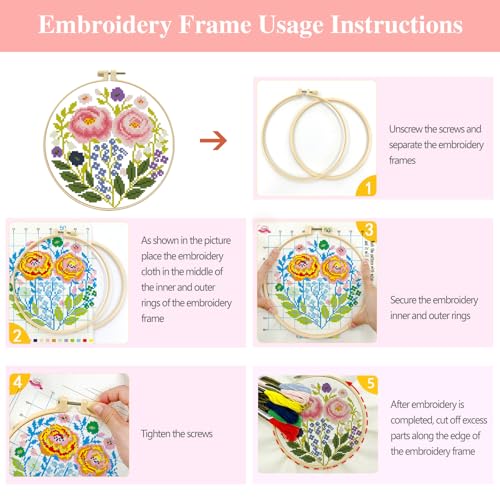 Zhenqing Pink Floral Cross Stitch Kit for Beginners - 11CT 24x24cm Pre-Printed Pattern with Embroidery Hoop, Threads & Tools(70521) - color: Pink Floral
