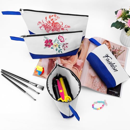 10 Pieces Cotton Canvas Makeup Bag with Bottom and Strap, Multi-Purpose Cosmetic Bag with Zipper Travel Toiletry Pouch, Blank DIY Craft Bag (White&Blue, XS) - color: White&Blue, size: XS