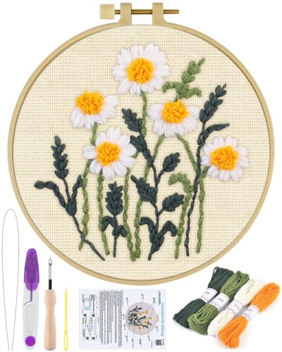 ERKOON Punch Needle Kit Beginners Adults, DIY Easy Flower Embroidery Set for Starter Art Craft, Needling Punching Project with Patterns, Tools, Yarns, Hoop, Instruction (Daisy) - color: Daisy