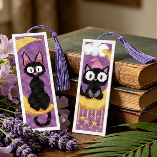 ACRNIGHEET 6PCS Cross Stitch Bookmark Kit for Beginner Stamped Cross Stitch Kits for Adults Cute Cat & Moon DIY Tassel Embroidery Bookmark Kits Needlepoint Kit with Instructions Gift 8.5''x3'' 11CT - style: Moon Cat with Tassel