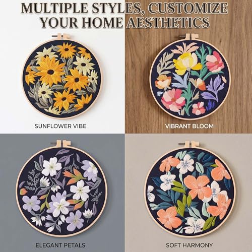 Harimau Adult Beginner Embroidery Starter Kit, Complete Set with 4 Patterns, 2 Hoops, Needles, Scissors, Instruction Guide & Stitching Video Tutorials - color: Floral9 pattern
