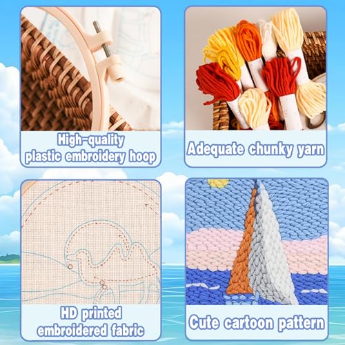 Sailboat Punch Needle Kit for Beginners - 8 Inch DIY Embroidery Starter Set with Pre-Printed Fabric, Hoop, Yarn & Tools - Adult Crochet Craft Gift for Home Wall Decor - color: BLUE-SAIL