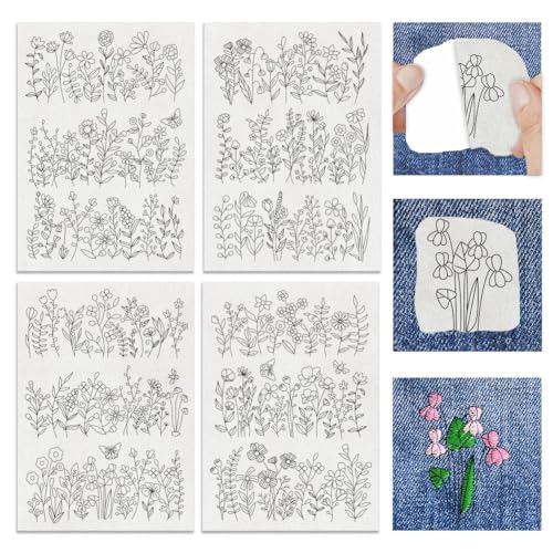 INFUNLY 12pcs Wildflower Water Soluble Embroidery Stabilizer 4 Sheets Self Adhesive Washable Stabilizer with Pre-Printed Spring Plant Hand Sewing Stabilizer for Embroidery Stick Stitch Transfer Paper