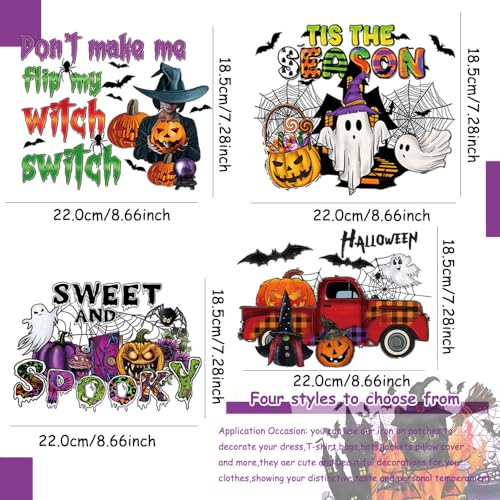 Happy Halloween Heat Transfer Vinyl Patches, 4 Packs Witch Iron on Transfer Stickers Sweet and Spooky Pumpkin Ghost Dwarf Bat Design Large Patches Heat Thermal Press Appliques for Jacket T-Shirt Bags - color: I