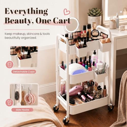 3 Tier Rolling Cart Metal with Wheels, White Three Tiered Carts on Wheels - color: Light White, size: 3 Tier + Cups + Hooks