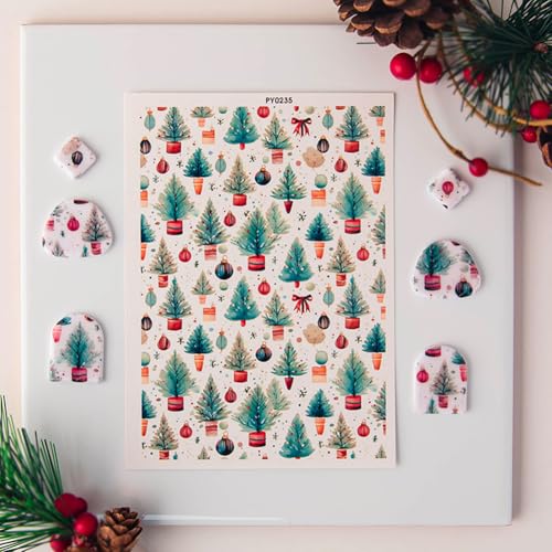 KABAKE Polymer Clay Transfer Paper 4 PCS Colorful Flowers Water Soluble Transfer Sheet for Earrings Jewelry Making - color: Xmas Theme