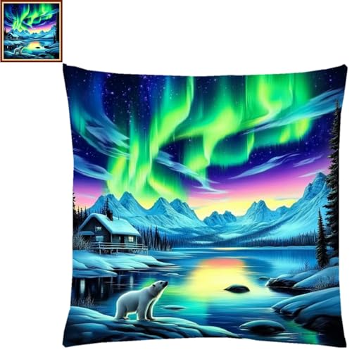 Fanxvivy Stamped Cross Stitch Kits for Adults Beginners Pillow Needlepoint Kit with Embroidery Pattern Needlework Kit Prestamped Stitches Kit 11CT Cross Stitching-Northern Lights Bear 18x18 inch - color: Pre-pattern 45