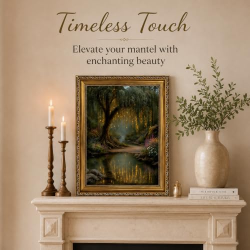 Vintage Gold Framed Forest Wall Art - Enchanted Fairy Tree Painting, Whimsical Dark Cottagecore Canvas Wall Decor for Bedroom, Living Room, Magical Golden Willow Nature Artwork 12x16in - color: forest, size: 16"L x 12"W