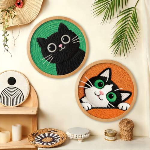 BEUNITONE 2Pcs Cute Cat Punch Needle Kit for Beginners, Starter Embroidery Kits with Frame & Instructions, Needle Felting Kit Poke Art for Adults DIY Handmade Craft for Coasters, Bags, Clothes Decor - color: 06-Peeking Cat