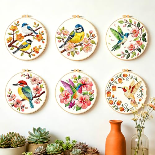 BEUNITONE 6 Set Embroidery Kit for Beginner Adults, Hummingbird & Flower Cross Stitch Set with Stamped Pattern Hoops Threads Cloth Needles, Embroidery Starter Kit for Home Decoration and Gifting - style: Flower Bird