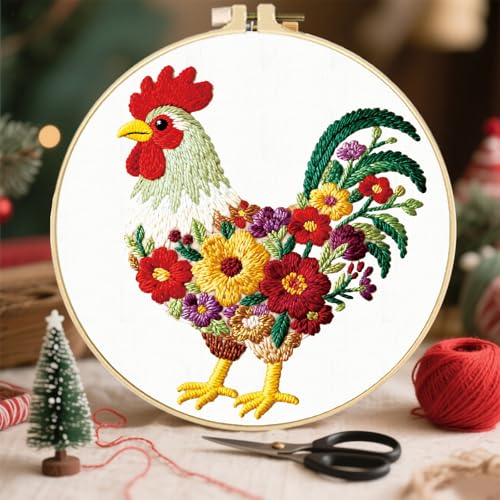 FREEBLOSS 4 Set Embroidery Kit Animals Pattern Stamped Embroidery Starter Kit with Step by Step Instructions, Colored Threads, 2 Hoops, Needlepoint Kits for Hand Craft Lovers Gift, 30cm/11.8inch - style: Birds&Flowers