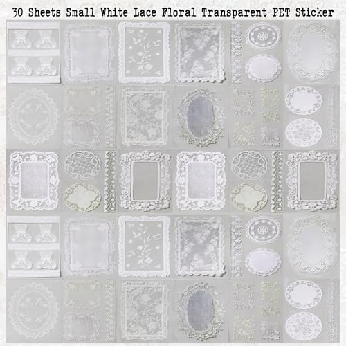 Lace Stickers for Scrapbooking, 30 Sheets Scrapbook Stickers Book for Wedding Invitations, Bridal Scrapbook Supplies, Transparent PET Stickers for Junk Journaling, Girl's Dream Themed - color: Girlish Dream Lace