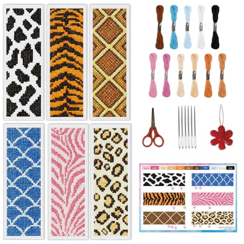INFUNLY 6pcs Animal Textures Cross Stitch Bookmark Kit for Beginners DIY Leopard Print Embroidery Bookmark Kits Zebra Stripes Needlepoint Kit with Instruction Easy Cross Stitch Set for Book Readers - style: Animal Patterns