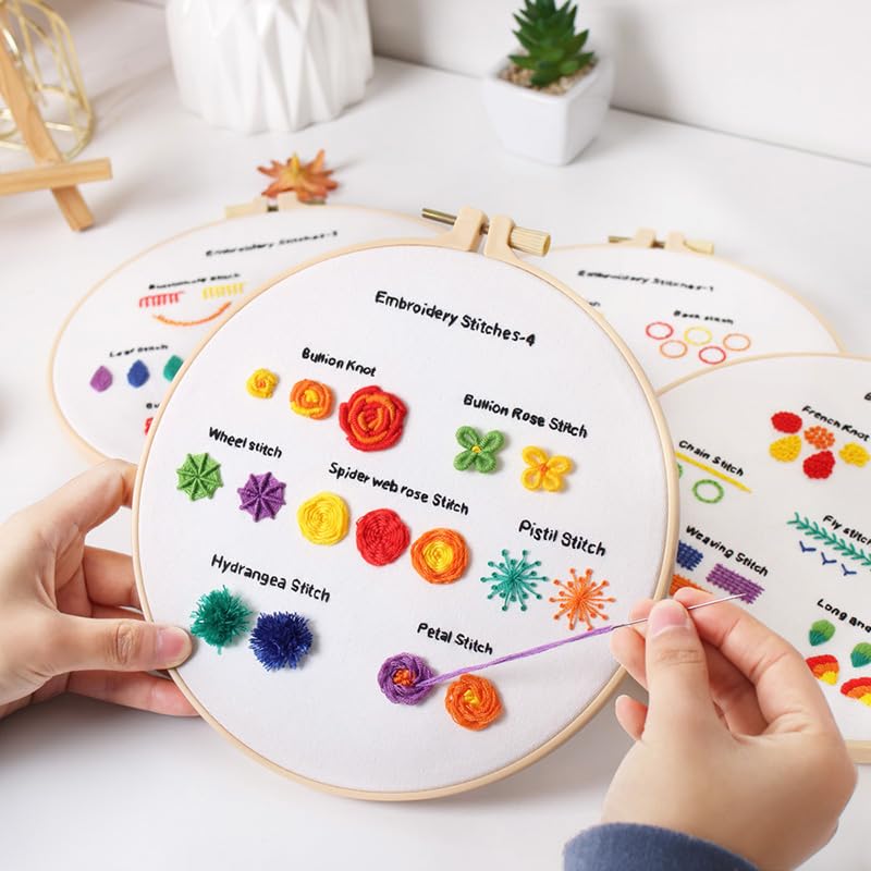Mozzyyee 4 Sets Embroidery Starter Kit for Beginners Adults Include 4 Embroidery Clothes with Instructions Hoops Floss Thread Fabric Needles (Floral) - color: Floral