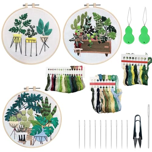 Allazone 3 Sets Embroidery Kit for Beginners, Stitch Practice Kits for Craft Lover Hand Stitch with Embroidery Fabric with Stamped Pattern, Starter Stitch Kits Suitable for Adults (Plate Planting) - color: Plate planting