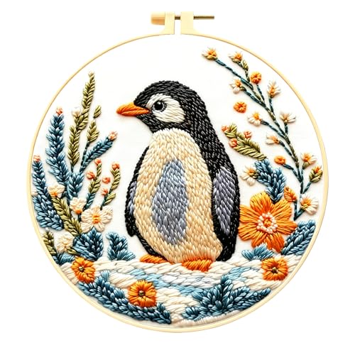 Zhenqing Penguin Embroidery Kit for Beginners, Cute Penguin Needlework Craft with Pre-Printed Cotton Fabric, Hoop, Threads & Tools, Animal Decor (C0070) - color: Penguin in Bloom