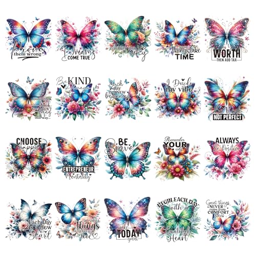Wxiben Dtf Transfers Ready to Press - 20 Pcs Butterfly Iron on Transfers for T-shirts Inspirational Quotes Heat Transfer Vinyl Decal Sticker Floral Butterfly Iron on Patches for Clothing Bag DIY Craft - style: Butterfly