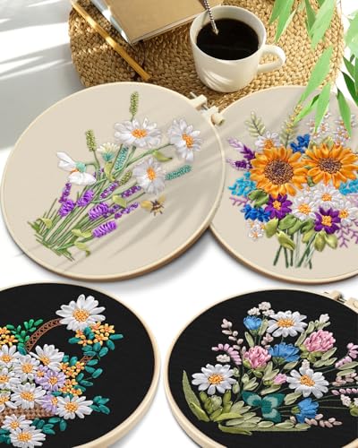 TINDTOP Embroidery Kit for Adults, Ribbon Embroidery Practice Kits for Beginners Adults Include Embroidery Cloth Hoops Threads for Craft Lover Hand Stitch (Flowers) - color: FLowers(Silk Ribbon Embroidery)
