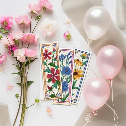 ORIGACH 6 Set Wildflower Floral Cross Stitch Bookmark Kit for Beginner - style: Sunflowers Tulip
