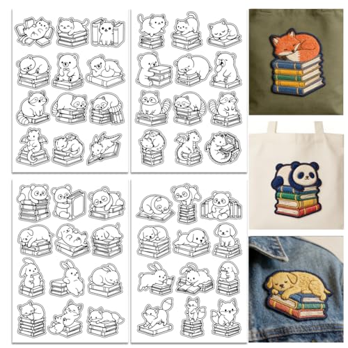 ORIGACH 4 Sheets A4 Large Cute Animal and Books Water Soluble Embroidery Patterns, Stick and Stitch Embroidery Papers with Animal Reading Books Designs, Wash Away Printable for Hand Sewing Lovers - color: Animal & Books