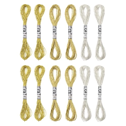 PATIKIL 12 Skeins Embroidery Floss, Metallic Embroidery Thread Nylon Threads Bracelets String for Cross-Stitch Hand Embroidery, Gold/Silver/Light Gold - color: Gold/Silver/Light Gold