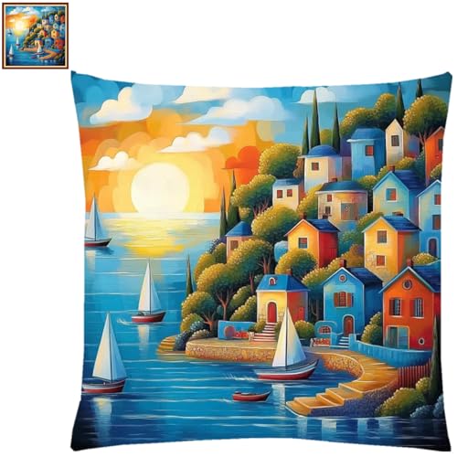 Fanxvivy Stamped Cross Stitch Kits for Adults Beginners Pillow Needlepoint Kit with Embroidery Pattern Needlework Kit Prestamped Stitches Kit 11CT Cross Stitching-Seaside Scenery 18x18 inch - color: Pre-pattern 20