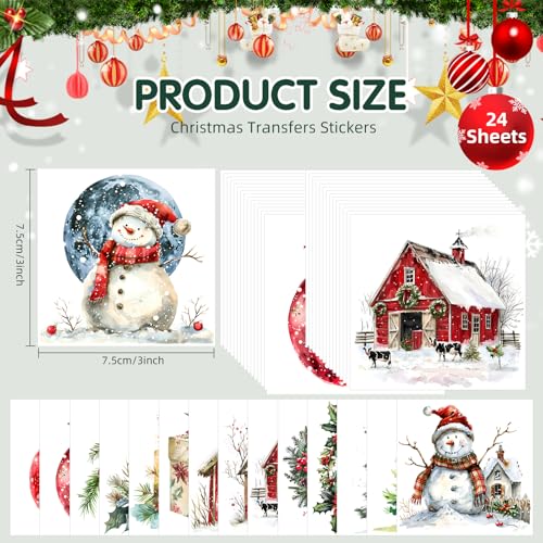 ZMRU 24 Sheets Vintage Christmas Rub On Transfers for Crafts, Rub On Transfers Christmas for Wood，Furniture Decals, Glass, Porcelain, Leather, Canvas, Fabric Projects,3 * 3inch(Cute Christmas) - color: Cute Christmas