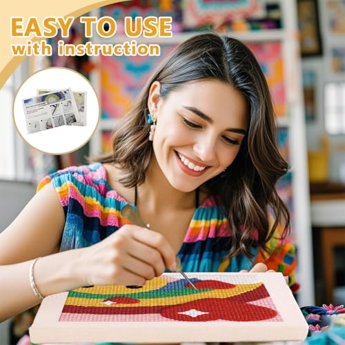 DOODLREAM Cute Rainbow Needle Kit for Beginner, 9.4"x 9.4" Red Heart Punch Stitching Craft Set, DIY Embroidery Starter with Printed Frame, Instruction, Threader, Yarn, Pinch Needle - color: Rainbow