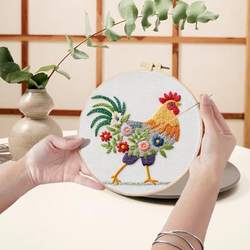 Ohcol Embroidery Kit Cross Stitch Kits Needle Point Kits Beginner Adults Needlepoint Kits with Rooster Pattern & Hoop - color: White - Rooster