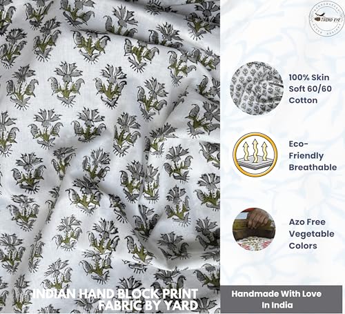 100% Cotton Fabric by the Yard, Hand Block Print Fabric for Sewing RB-101 - color: Rb-101 Grey, size: 3 Yard pre cut