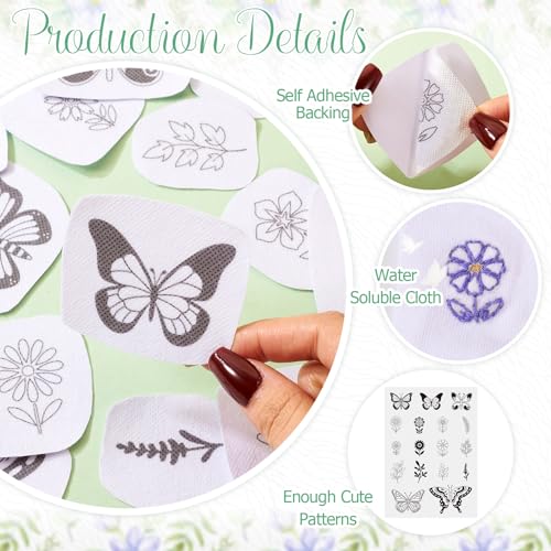 Craftdady Flower Butterfly Water Soluble Stabilizer 70Pcs Embroidery Fabric Stick and Stitch Hand Embroidery Paper Wash Away Sewing Patterns for Beginners Spring Embroidery Kit - color: Flower & Butterfly #2